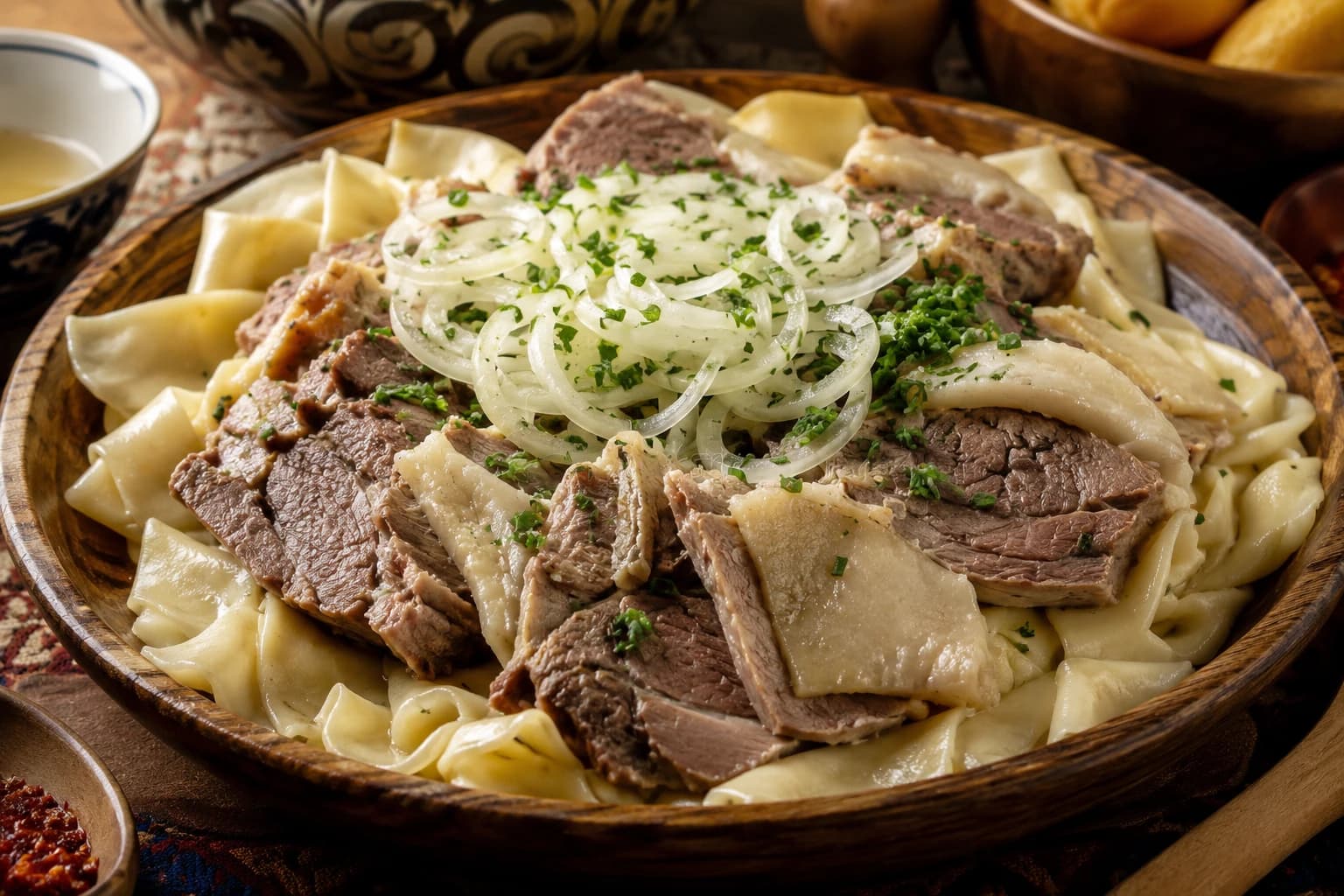 Photograph of beshbarmak as served with sliced meat, wide noodles and onion rings