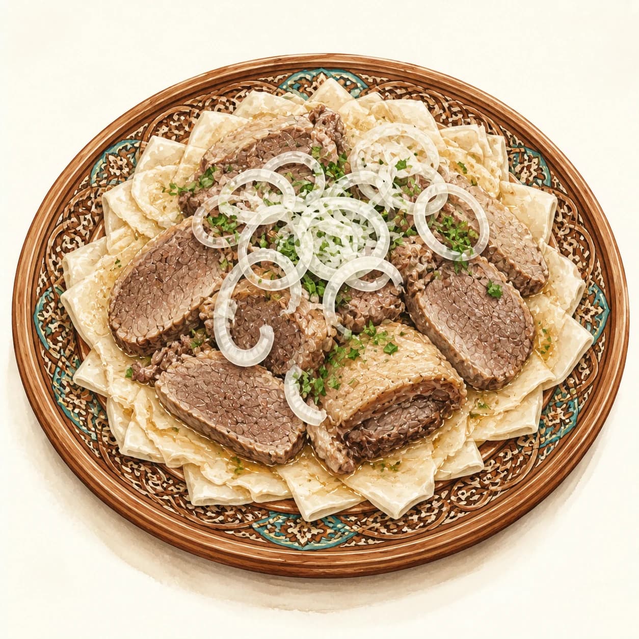 Illustration of beshbarmak with sliced meat, onion rings, and wide noodles on an ornate Kazakh platter